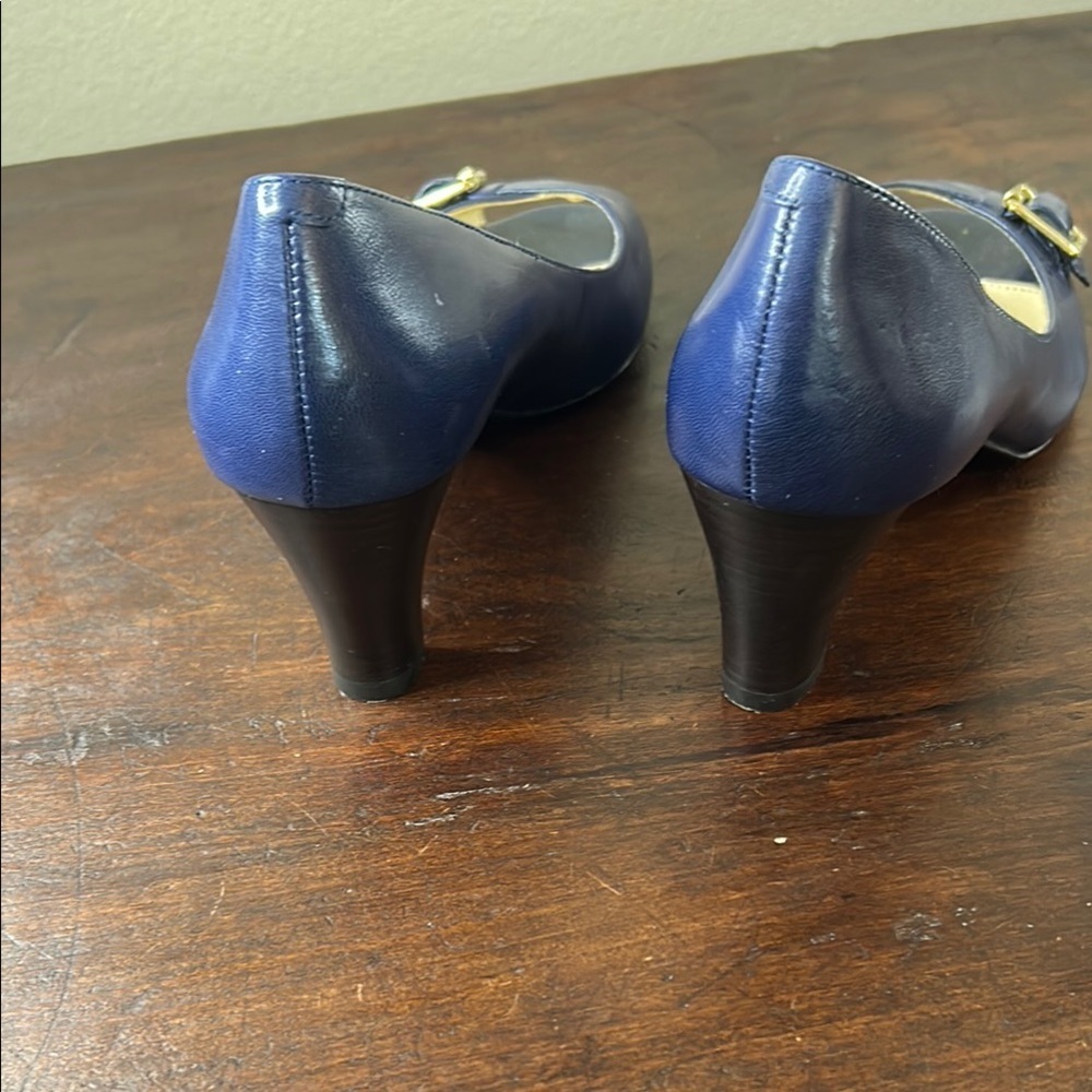 Ralph Lauren Blue Peep-Toe Heels with Buckle Sz8.5 - Picture 10 of 11